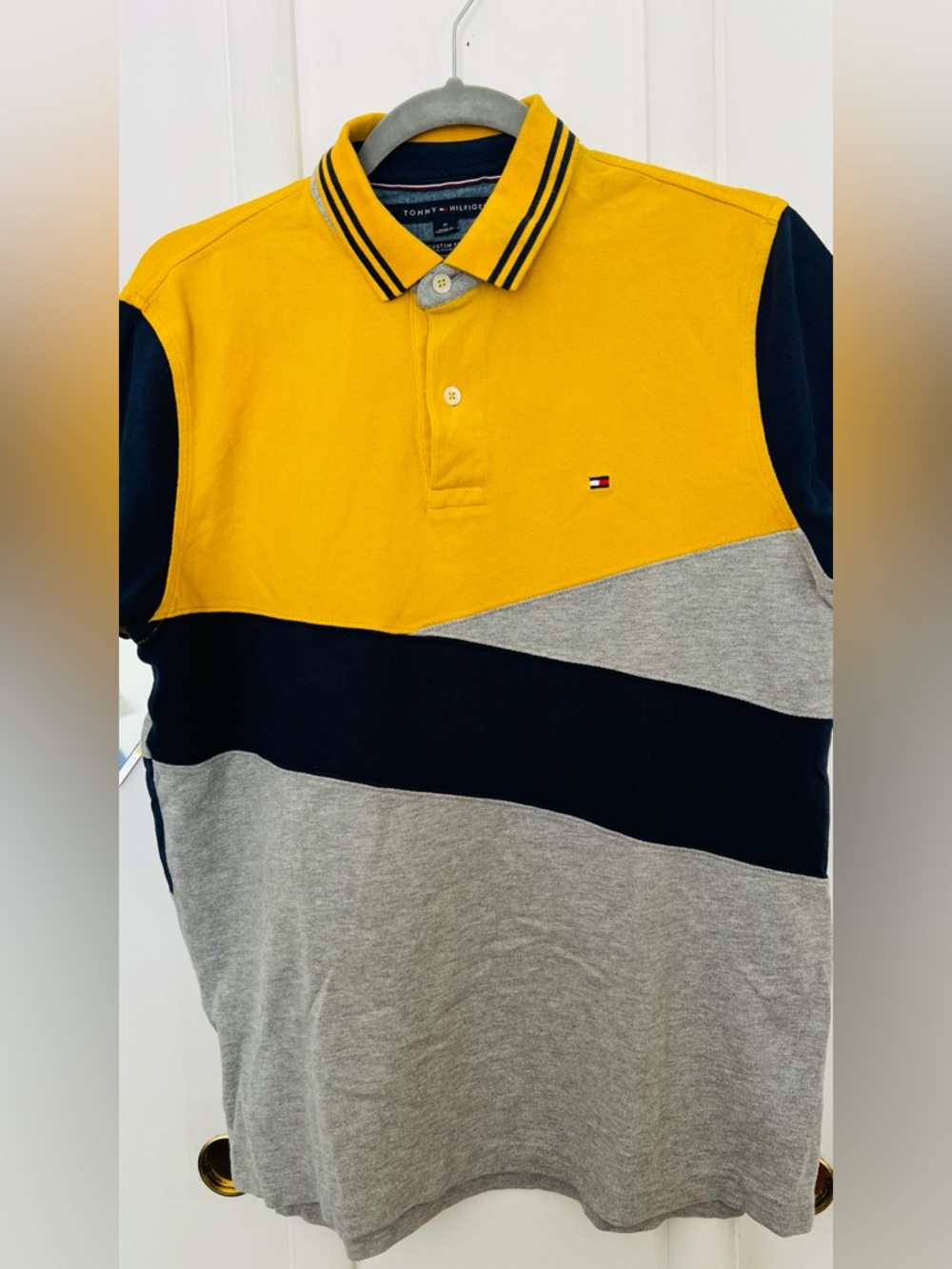 Tommy Hilfiger Men's Colorblock Polo Shirt — Yellow/Navy/Gray size M